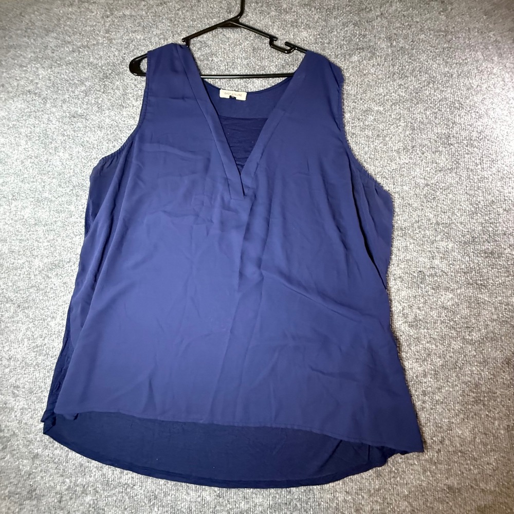 East Adeline Womens 2X Navy Blue Mixed Media V-Neck Sleeveless Blouse Tank Top‎